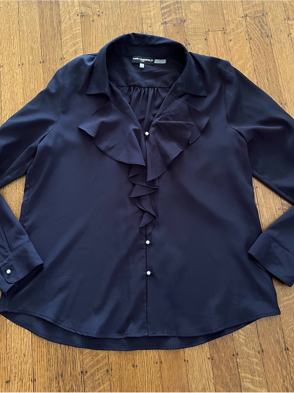 Karl Lagerfeld Navy Ruffle Front Button-Down Blouse